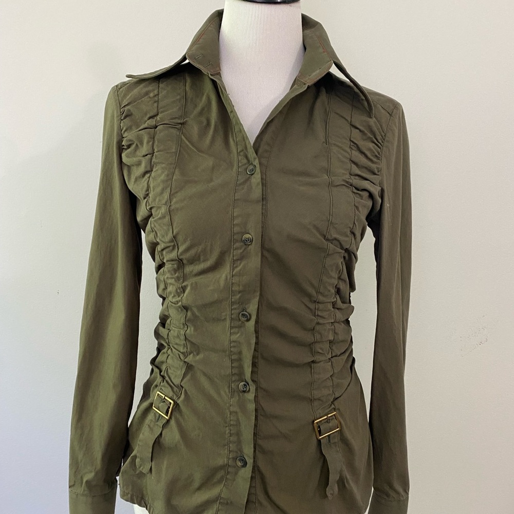 90s Army Green Miss Sixty Ruched Buckle Blouse